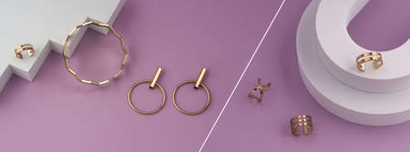 Top view of three modern rings on white platform on pink backgroundの写真素材