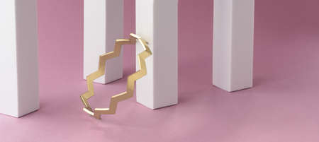 Zigzag shape golden bracelet laid on white columns on pink backgroundの写真素材