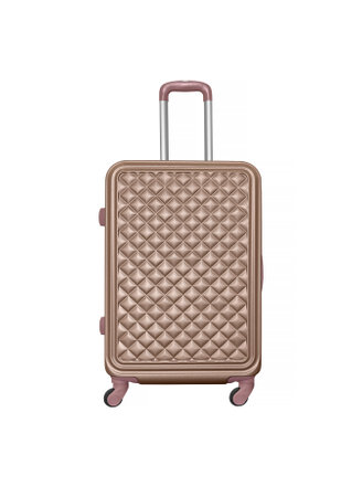 Front view of golden suitcase luggage isolated on white background with copy spaceの写真素材