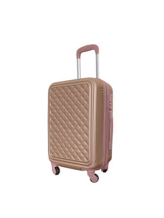 Side view of golden and pink suitcase isolated on white background with copy spaceの写真素材