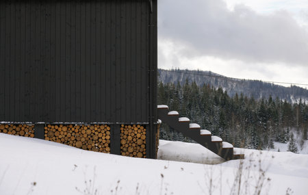 Side view of black wooden house with stacked firewood under with copy spaceの写真素材
