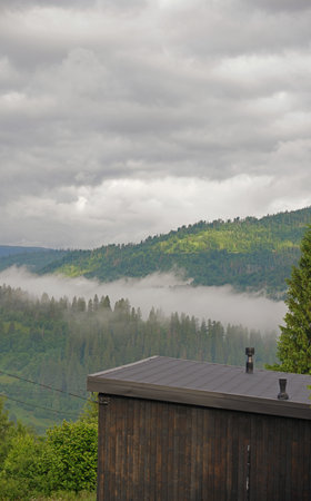 The fog between mountains in Ukraineの写真素材