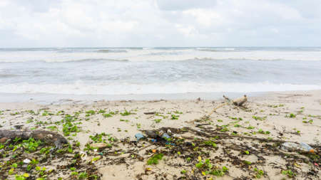 Beautiful view of the ocean with dirty beach. Big wave of blue ocean on sandy beach with plastic...