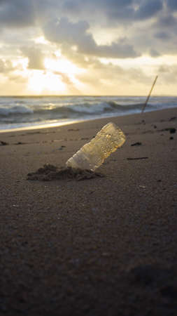 An empty trash plastic water bottle on a sand with sunrise light in the morning as background at...