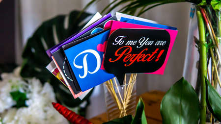 Close up view of the variety colorful wedding wishes placard or party props collections in the glass cup on the table. Modern decoration concept. Photo booth.の写真素材