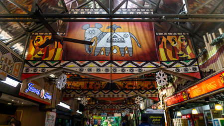 Subang Jaya, Malaysia - November 28, 2019: Beautiful animal arts hanging on the ceiling surrounding with many foods store at Sunway Lagoon theme park in Bandar Sunway. Animal wildlife design concept.のeditorial素材