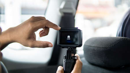 Bangsar, Malaysia - October 28, 2019: Loading display on the GoPro 6 screen. GoPro is one of the best action camera in the market and have its own mobile apps and video-editing software.のeditorial素材