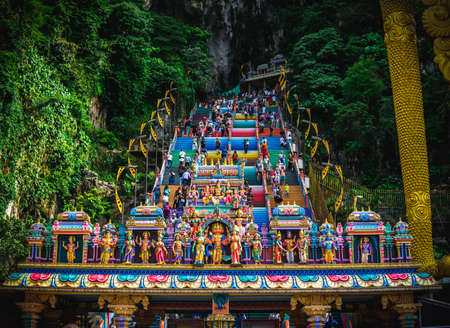Gombak, Malaysia - January 4, 2020: New look with colorful stair at Murugan Temple Batu Caves become a new attraction for tourism in Malaysia. The Famous and Iconic limestone Batu Caves in Selangor.のeditorial素材