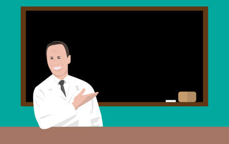 An illustration of a professional teacher, lecturer or doctor giving a speech, explaining to the classroom while showing the blackboard with hand template. Man with white coat in front of blackboard.のイラスト素材