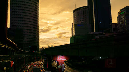 Kuala Lumpur, Malaysia - April 5, 2019: The view of the traffic jam in the city of Kuala Lumpur after office hour during the golden hour.のeditorial素材