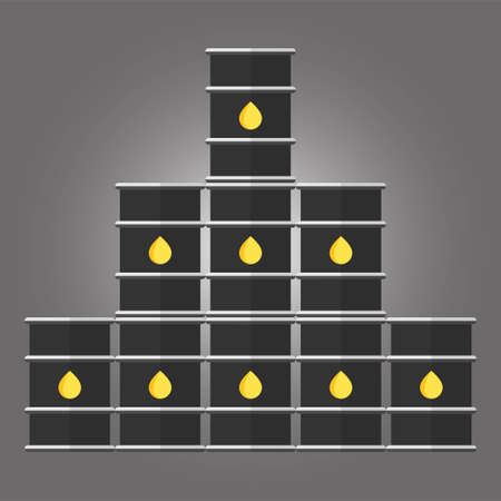 Flat vector illustration of pyramid stack of oil barrel with symbol on grey background. Cask and oil, gasoline, petrol, benzine symbol.のイラスト素材