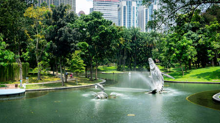 Kuala Lumpur, Malaysia - July 30, 2019: The beautiful view of KLCC park with the green nature and pool with whale water fountain and tall building as background during the day.のeditorial素材