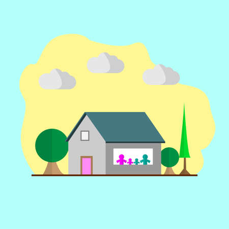 A flat illustration of a house during the day with urban scenery background. Happy family staying at home looking outside the window.のイラスト素材