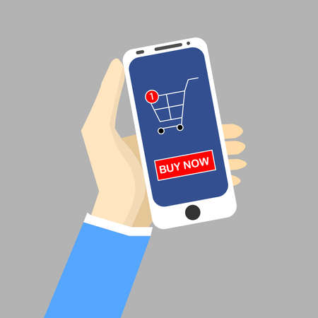 An illustration vector of hand holding smartphone with one item on cart and buy now button on the screen. Online shopping and E-commerce concept.のイラスト素材