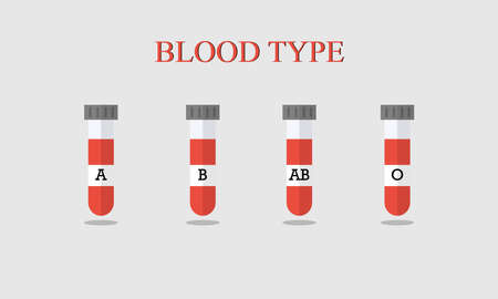 A flat illustration of four different blood types which is 'A', 'B', 'AB' and 'O' in a test tube. Blood donation campaign and medical care concept.のイラスト素材