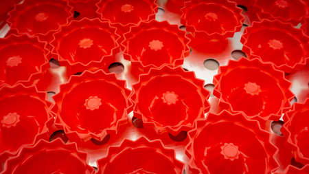 Close up view of red food mold for bakery in steamer case before baking at the kitchen. Floral shape...
