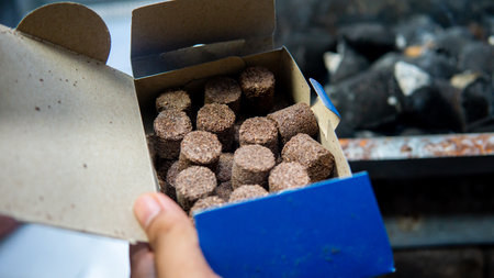 Close up view of hand holding a box of camping charcoal cock fire starter for barbeque party.の写真素材