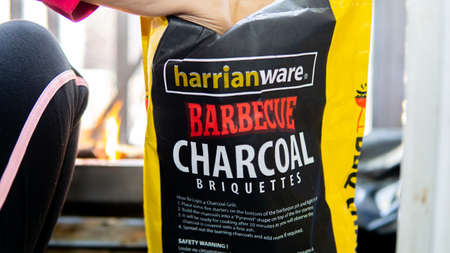 Sungai Buloh, Malaysia - April 2, 2021: A barbeque charcoal briquettes packaging packet. Use to open fire for barbeque cook, camp fire.のeditorial素材