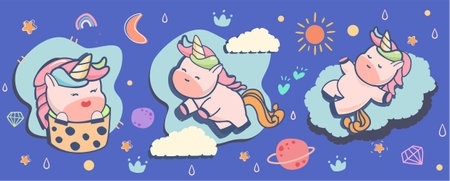 fantastic unicorn design elements for children ,Cute unicorn kawaii cartoons in a minimal style with a large assortment of emoji character stickers to illustrate smile and happiness.のイラスト素材