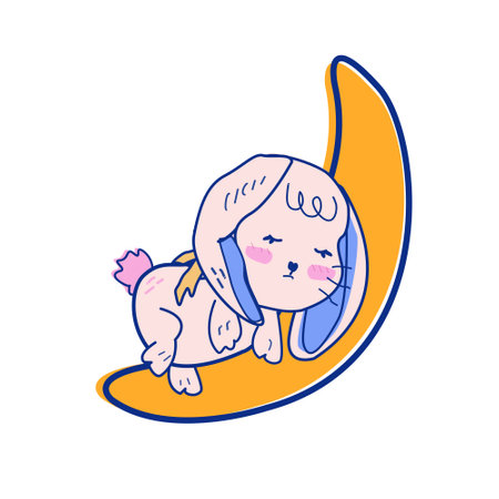 a cute tiny bunny laying on the moon on a white background. Easy to use ,Cartoon suitable for print on a shirt, postcard, printable stationery, kids products, and sublimation ,etc.のイラスト素材