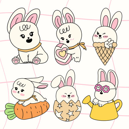 A cartoon rabbit is holding a carrot and a green leaf, Easter bunny collection, Draw banner on pink pastel for spring season.のイラスト素材