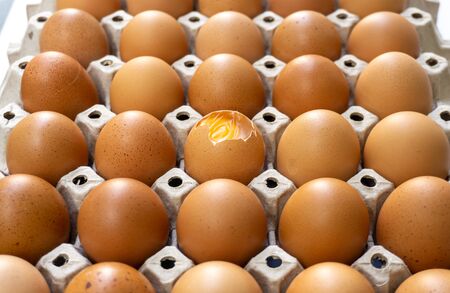 Brown chicken eggs in gray carton package box, one egg in middle is broken
