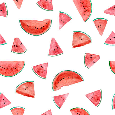 Watermelon fruit sliced in seamless pattern, Watercolor hand painting illustration of yellow and...