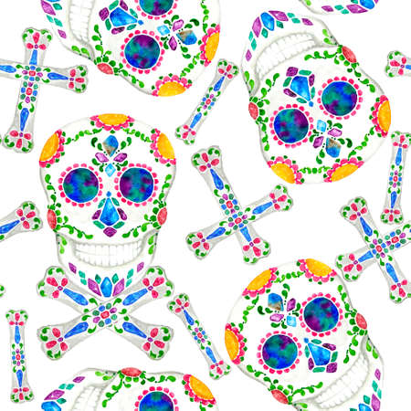 Skull head with jewelry rood seamless repeat pattern, illustration watercolor painting on white background, element for fabric textile printedの写真素材