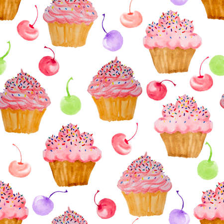 Pink color cupcake watercolor hand painting illustration, seamless pattern of colorful bakery and cherry fruit on white background, isolated with clipping pathの写真素材