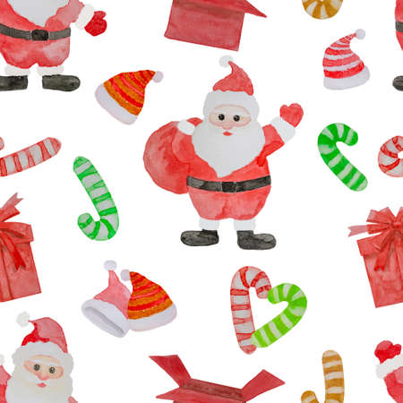 Seamless background of watercolor hand painting illustration, Santa claus wearing red clothes and the present form gift box, concept for greeting Merry Christmas and happy new year celebrationの写真素材