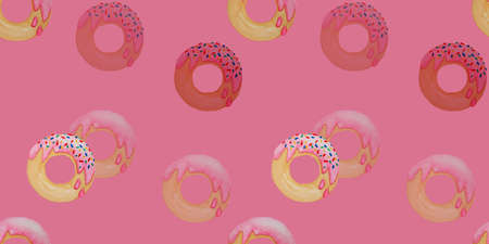 Watercolor hand painting illustration of seamless donuts fired, the round doughnut with strawberry...