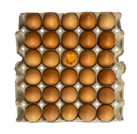 Brown chicken eggs in gray carton package box, one egg in middle is broken