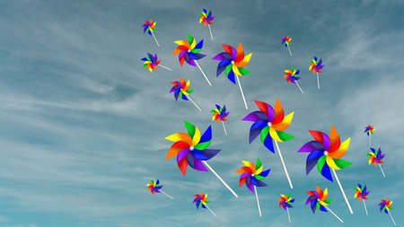 Colorful blades turbines flying on white fluffy cloud, paper rainbow windmill drawing illustration...