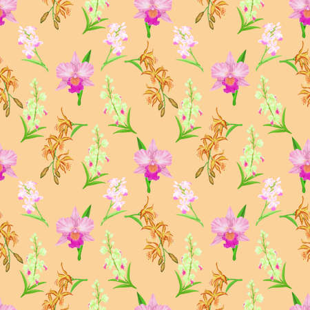 Pink Cattleya orchid flower blossom seamless pattern on beige color background, illustration of petals plant drawing element for fabric printed textile, wallpaper and wrappingの写真素材