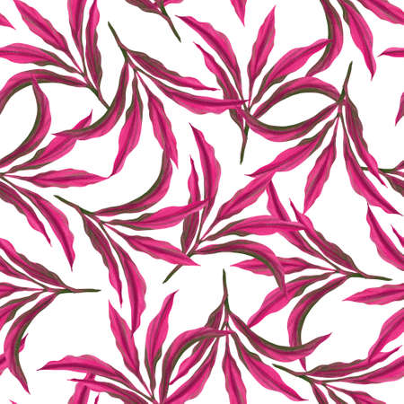 Pink tropical leaf Cordyline or Dracaena Ti plant illustration drawing seamless repeat pattern on...