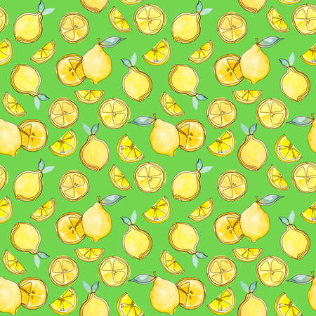 Yellow lemon juice round fruit and half sliced with green leaves repeat seamless pattern for fabric...