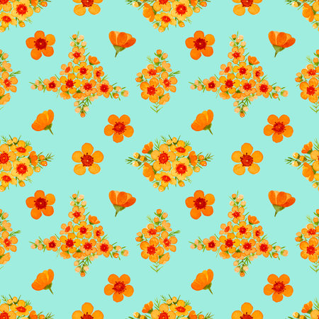 Orange color petals of Wax flower blossom seamless pattern illustration, watercolor flora painting...