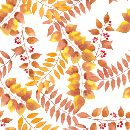Yellow, brown autumn leaves, berry fruit seamless repeated pattern on white color background, branches floral botany watercolor illustration for  fashion fabric textiles and wallpaper wrappingの写真素材