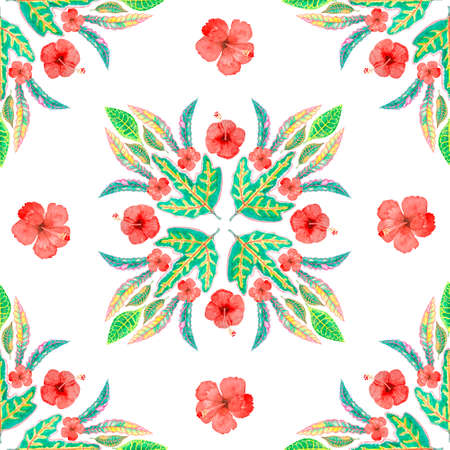 Mandala composition element colorful leaves seamless pattern, botanical Croton leaf watercolor drawing illustration on white background for fashion fabric textiles printed or wallpaper wrappingの写真素材