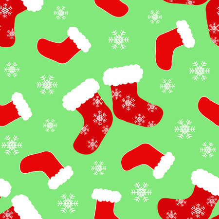 Red sock with white snowflake illustration seamless pattern on green color background, element for fashion fabric textiles and greeting Christmas or happy new years paper wrappingの写真素材