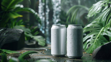 Refreshing drinks in jungle ai generated white cans mockup. Condensation covered aluminum cans mock up on tropical background. Cold beverages product branding concept image, advertising copy spaceの素材