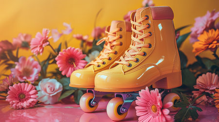 Bright yellow roller skates with vibrant floral backdrop ai generated photo. Rollerblading summer fun image background wallpaper. Nature inspired photography. Joy of spring concept picture realisticの素材