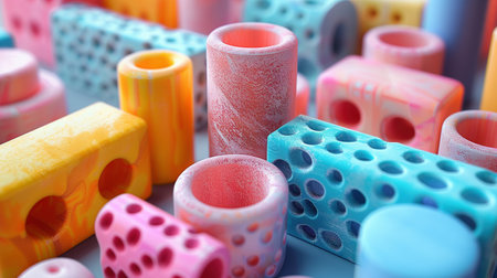 Artistic 3D printed objects in vibrant colors ai generated background image. Intricate designs geometric shapes wallpaper picture. Decorative pieces photo. Modern abstract concept compositionの素材