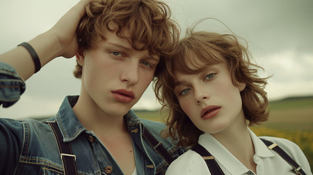 Stylish siblings in rural setting ai generated portrait image. Brother and sister in serene countryside photography. Caucasian young adults picture photorealistic. Family connection concept photoの素材