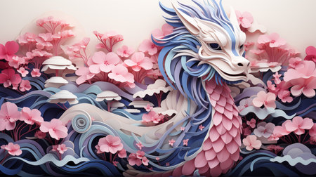 Sakura dragon paper art ai generated 3d rendering image. Delicate pink blossoms mythical creature background wallpaper colorful realistic. Japanese tradition concept idea, backdrop horizontalの素材