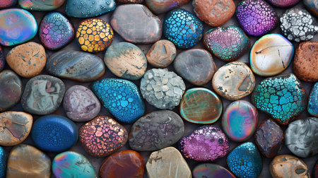 Patterned stones with metallic sheen texture background image, ai generated. Diverse assortment of pebbles arranged neatly photo backdrop wallpaper realistic. Decoration concept photorealisticの素材