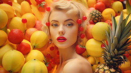 Blonde woman with pink lipstick surrounded by tropical fruits portrait image, ai generated. Lady blond model yellow picture photorealistic photography. Summer vibes concept photo realisticの素材