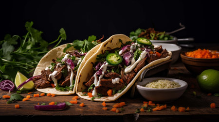 Delicious carne asada tacos with vegetables ai generated closeup image. Evening dinner close up photography marketing. Comfort food concept photo realistic. Mexican cuisine delicious pictureの素材