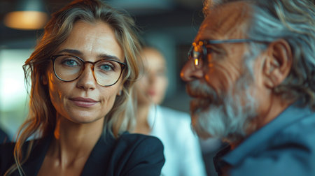 Mature businesswoman in glasses beside older businessman portrait image, ai generated. Mature professionals. Business meeting picture photorealistic photography. Businesspeople concept photo realisticの素材