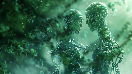 Two interconnected cybernetic beings in lush botanical art digital, ai generated. Harmony between organic forms and robotics wallpaper scene artwork. Clone nature concept background image horizontalの素材